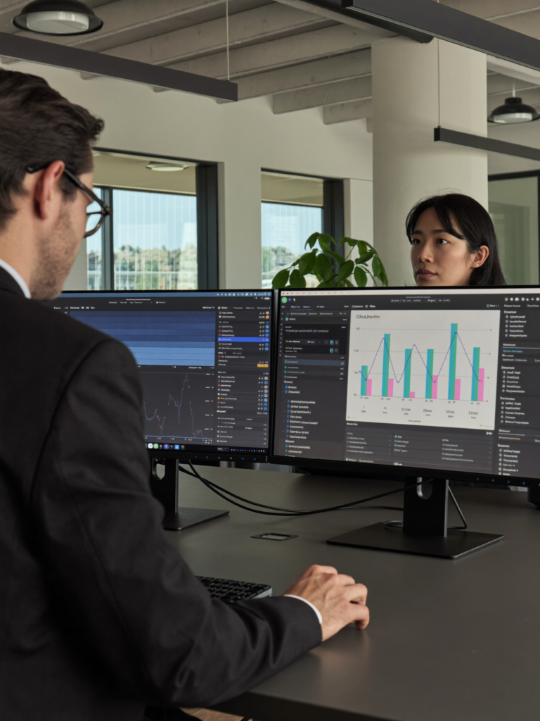 Dos profesionales comparando interfaces de ChatGPT y Gemini en monitores de oficina