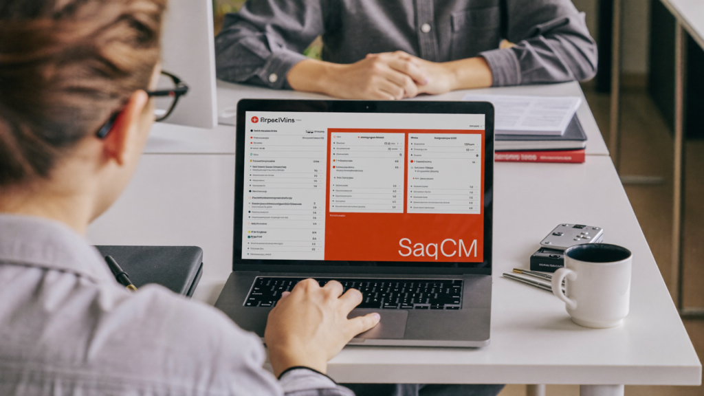 Comercial revisando dashboard CRM en laptop en oficina moderna