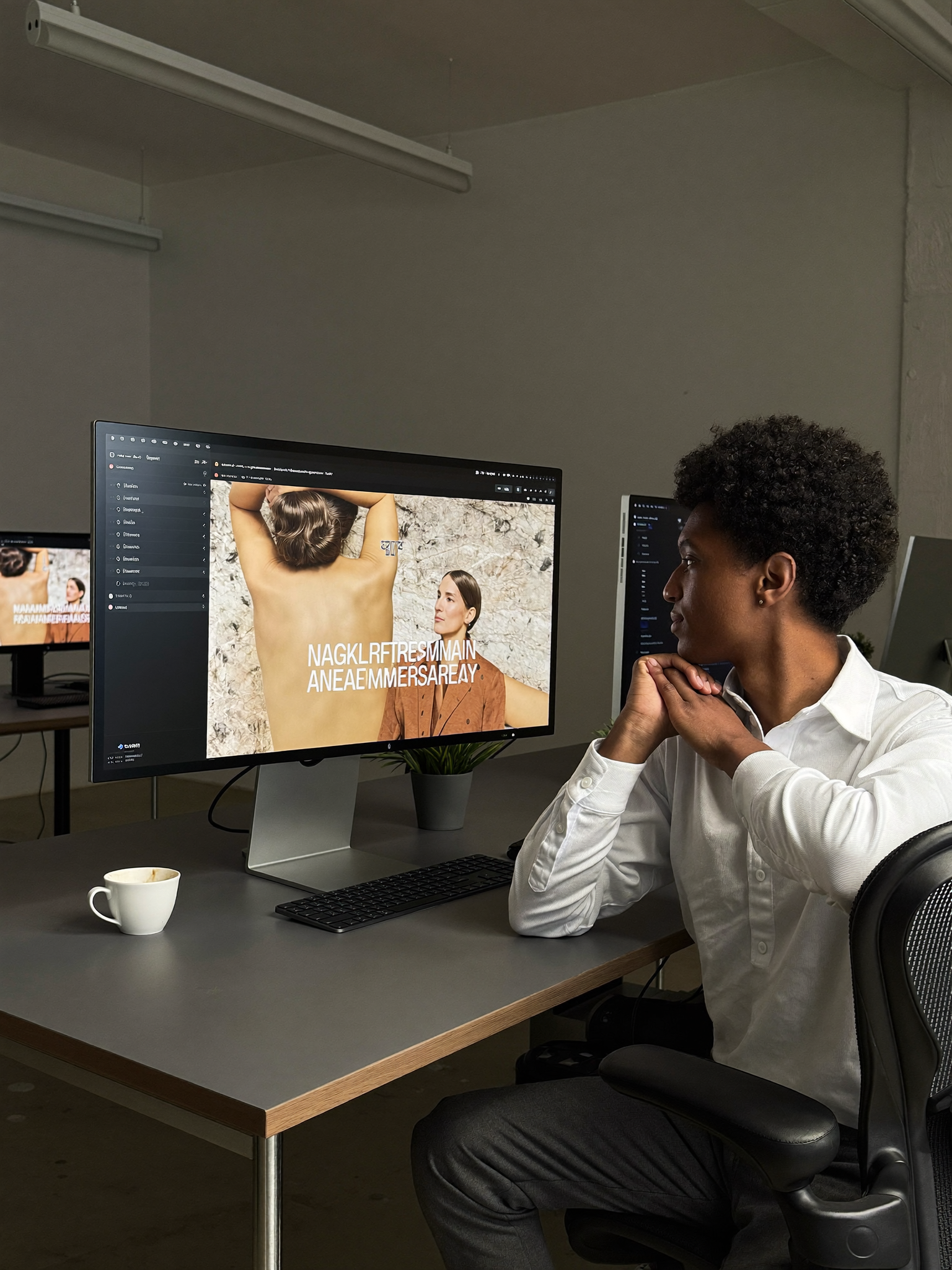 Joven emprendedor revisando el resultado de su web creada con IA en el monitor