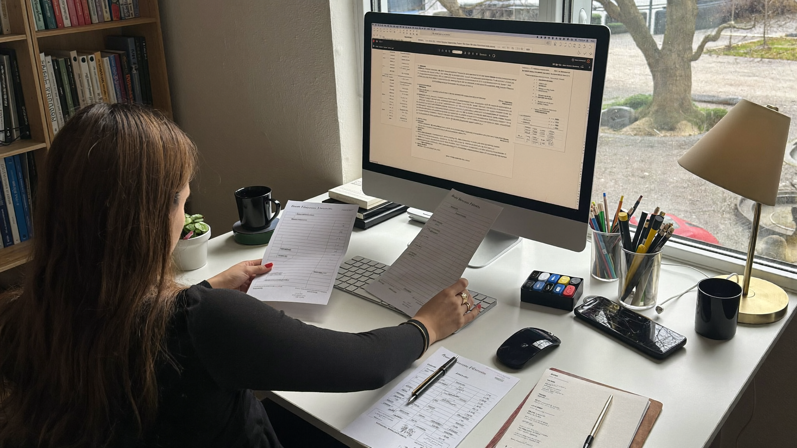 Persona revisando facturas digitales y documentos fiscales en ordenador desde casa