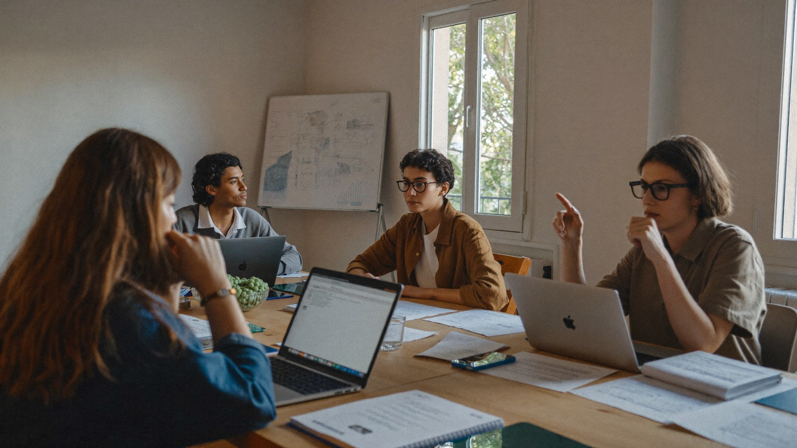 Equipo de pequeña empresa usando herramientas cloud en reunion de trabajo