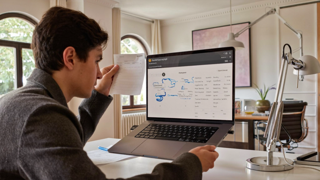 Autónomo en home office revisando software de facturación electrónica en portátil