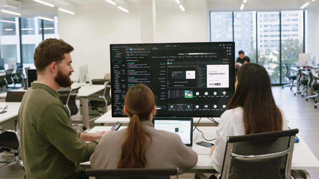 Equipo de pequeña empresa colaborando con dashboard CRM de gestión de clientes y ventas
