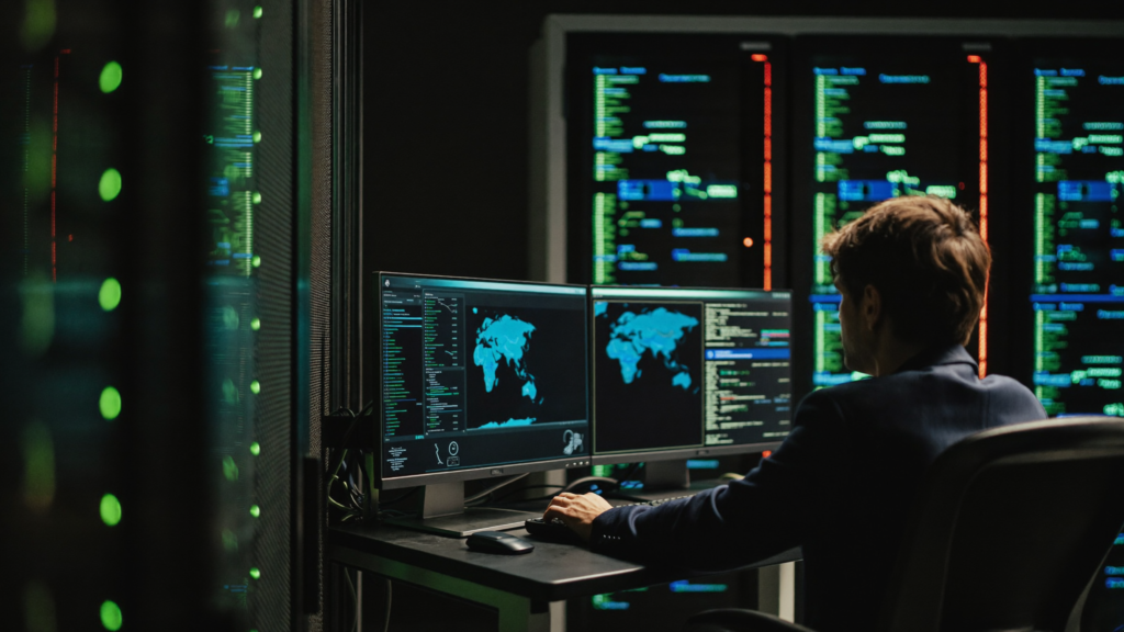 Profesional de seguridad informática monitorizando alertas de ciberseguridad en pantallas duales en pequeña empresa