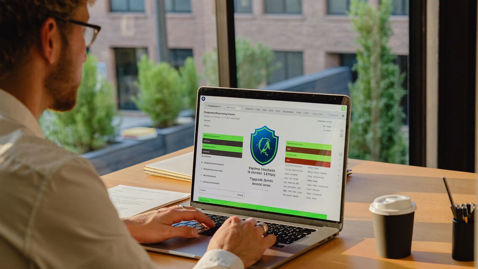 Empresario revisando dashboard de software de ciberseguridad y antivirus en portátil en oficina moderna