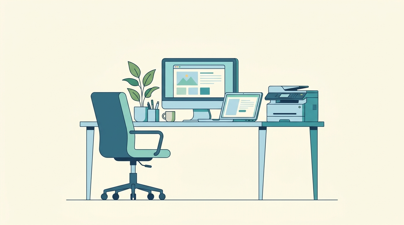 Equipo de oficina para un autónomo: silla, monitor, portátil e impresora con escáner
